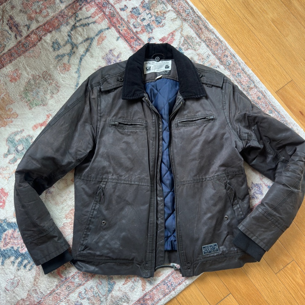 Diesel Men's Dark Brown Leather Jacket with Navy Lining